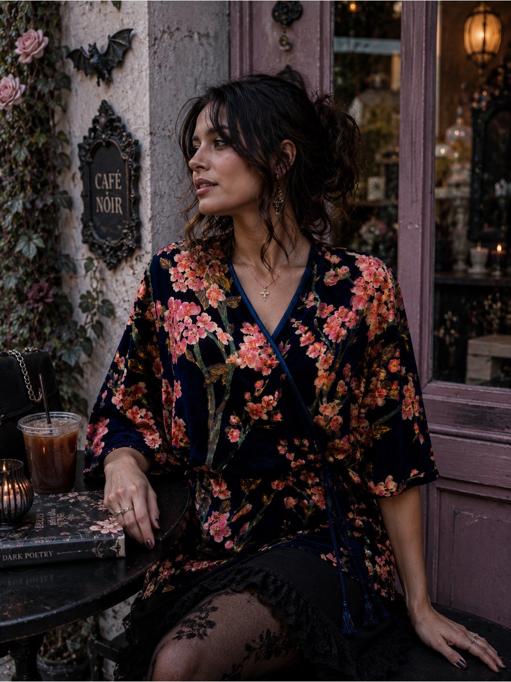 Nostalgia Velvet Floral Wrap Kimono Top Cherry Blossom Pink Navy Blue Size M